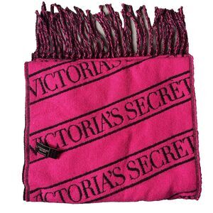 NWT VICTORIAS SECRET Scarf Pink Black Logo Reversible Fringe